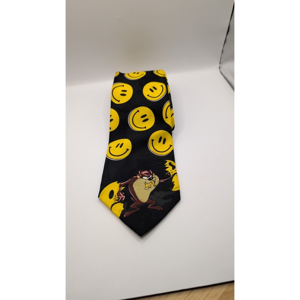 Vtg 1996 Looney Tunes Mania Taz Tasmanian Devil Yellow Smiley Face Necktie 90s